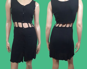 Vintage 90s Y2K Black Sleeveless Mini Dress Cut Outs size S Sundress Beach Cover