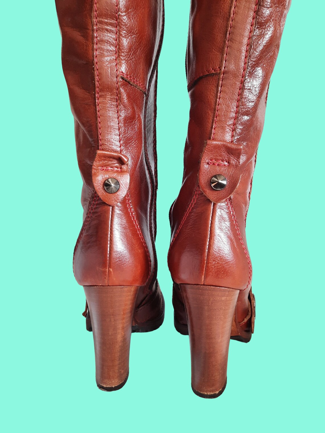 Y2K Brown Leather Knee Boots High Heel With Buckle Size 36 US Etsy