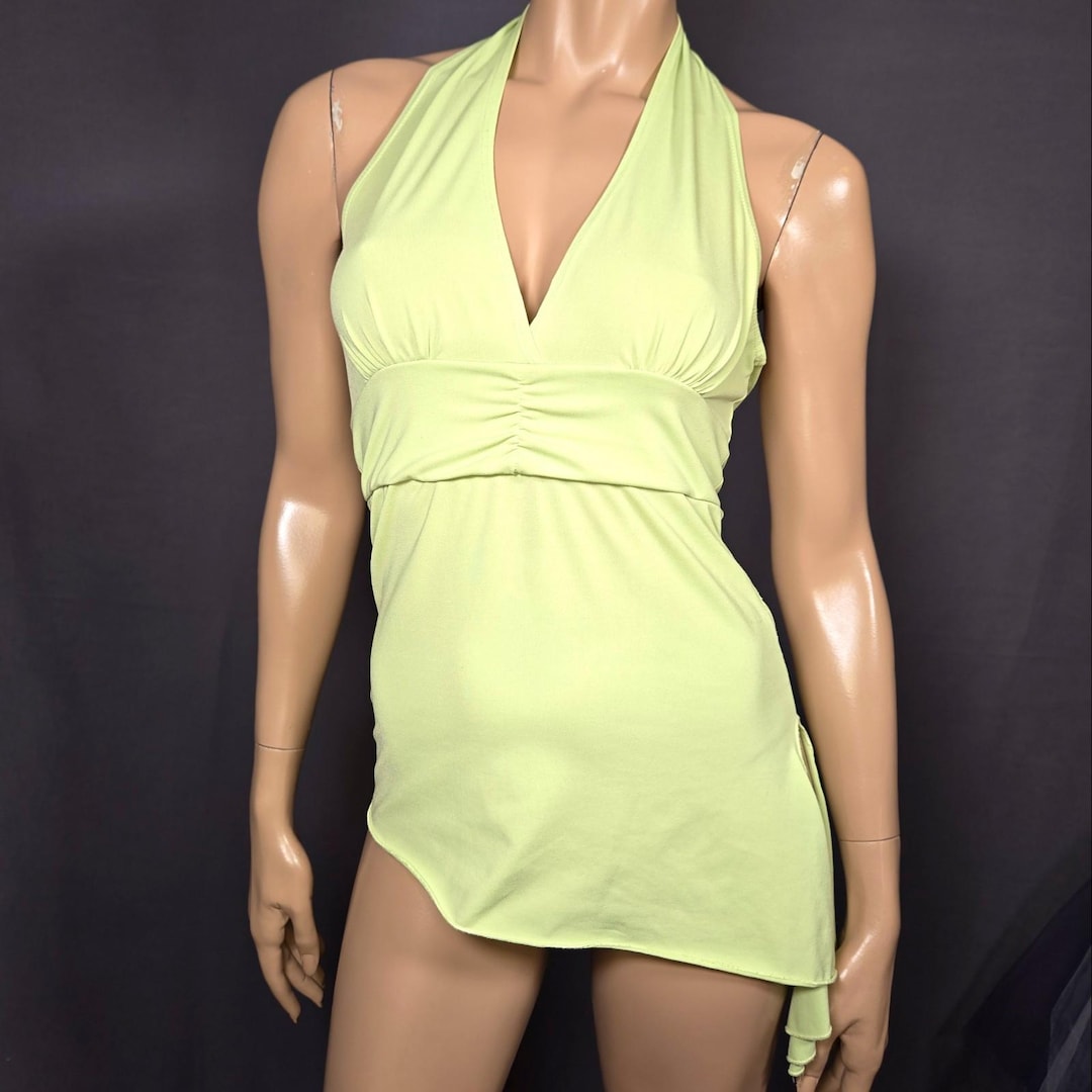Y2K Halter Top Lime Green Babydoll Asymmetric Hem Size S Sleeveless