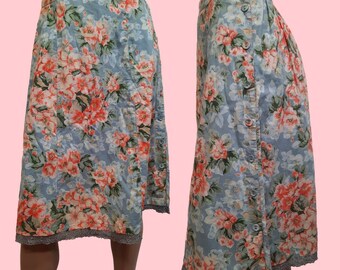 Vintage April Cornell Floral Skirt S Knee Length Blue Pink Cotton Lace Trim