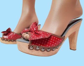 Y2K Killah Miss Sixty Retro Heels Platform Wooden Studded Mules Sandals Red Polka Dot Bows EUR 37 US 6.5