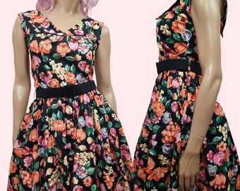 Vintage 80s Belted Floral Dress Prom Party Size S Retro 50s Crinoline Sleeveless Cotton