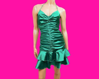 Y2K  Teal Satin Ruched ruffled Mini Dress Size 7/8 Halter Neck Party Cocktail