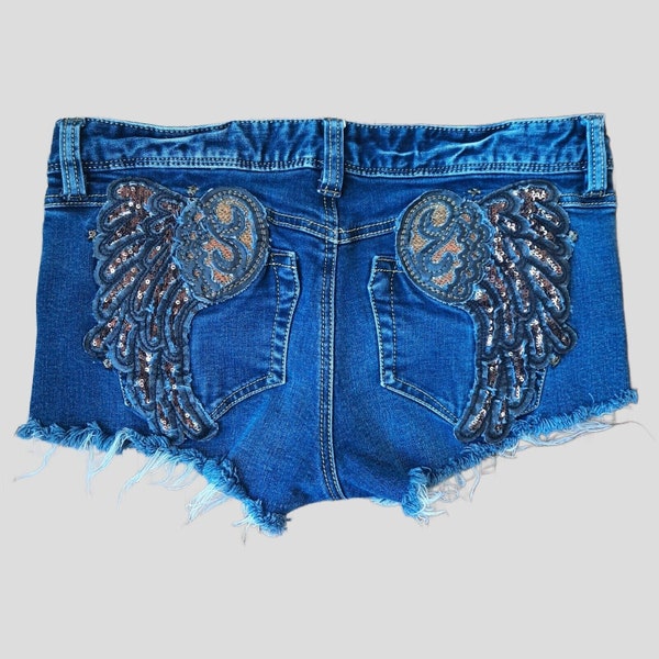 Y2K Parasuco Low Rise Denim Jean Shorts S Embroidered Sequin Wings Booty Shorts