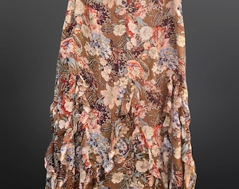 Vintage 90s Nygard Autumn Floral Ruffled Chiffon Maxi Skirt Size L Brown Boho