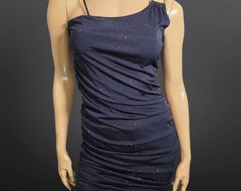 Y2K Mini Dress Size M Dark Blue Glitter One Shoulder Ruched Silver Buckle Fairy