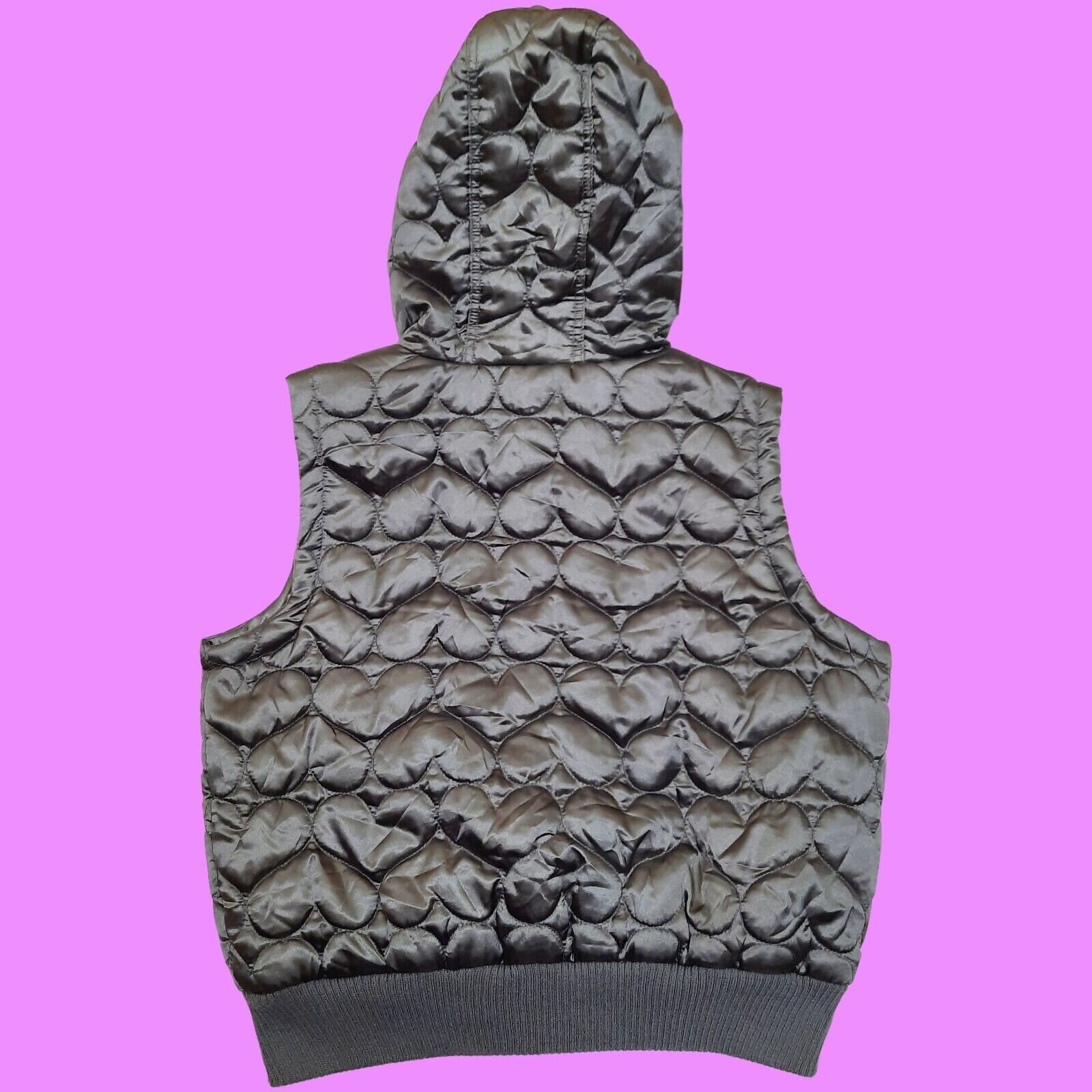 Vintage Y2K Puffer Vest Faux Fur Hood Silver Grey Satin Quilted