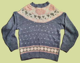 Vintage 80s Floral Fair Isle Hand Knit Sweater Blue Pink Size Oversized Size S