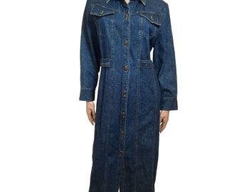 Vintage 90s denim Maxi shirt dress Womens L Button Front Long Sleeve Modest