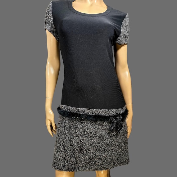 joseph ribkoff grey dress JOSEPH RIBKOFF Dress Size 12 Grey Frost Layered Shoulder Fabric Midi Lined Gray