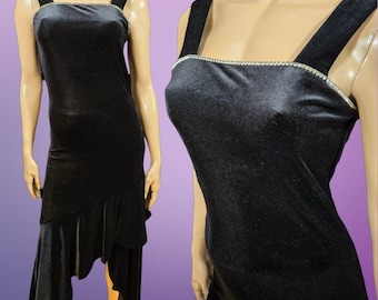 Vintage 90s Black Velvet Prom Cocktail Dress Size S Asymmetric Rhinestone Gothic
