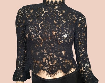 Y2K Blusa De Encaje Negro Top Corto De Cuello Alto Para Mujer S Goth Witchy Boho Semi Sheer