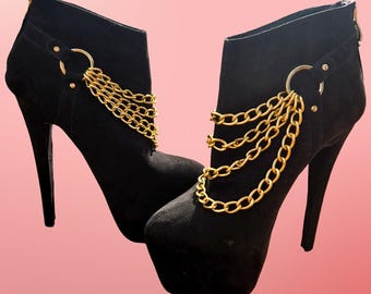 Y2K Black Platform Stiletto Booties Size 6 Gold Chains Faux Suede Club Heels