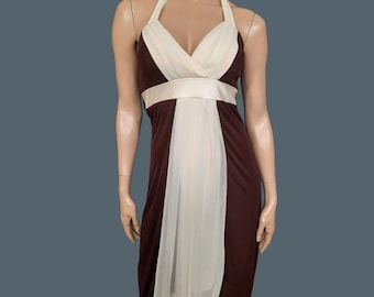 Y2K Halter Midi Dress S Party Cocktail Babydoll Empire Waist Brown Cream V Neck
