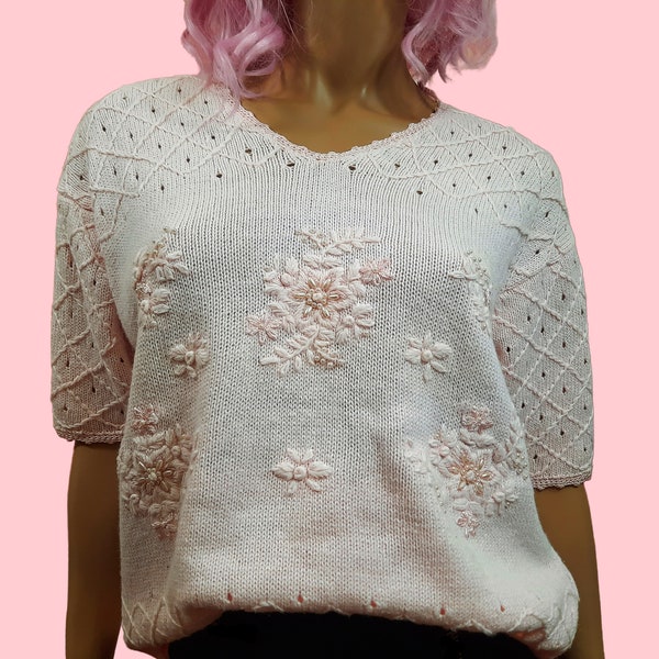 Vintage 80s Pastel Pink Sweater Beaded Floral Short Sleeve Cotton Ramie Size M Oversized Fit