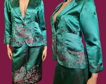 Vintage 70s Green Satin Skirt Suit Floral Jacquard Midi Length 2 Piece Size S