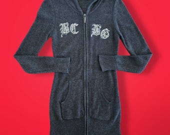 Y2K BCBG MAXAZRIA Rhinestone Hooded Skinny Cardigan Long Full Zip Mcbling Size M