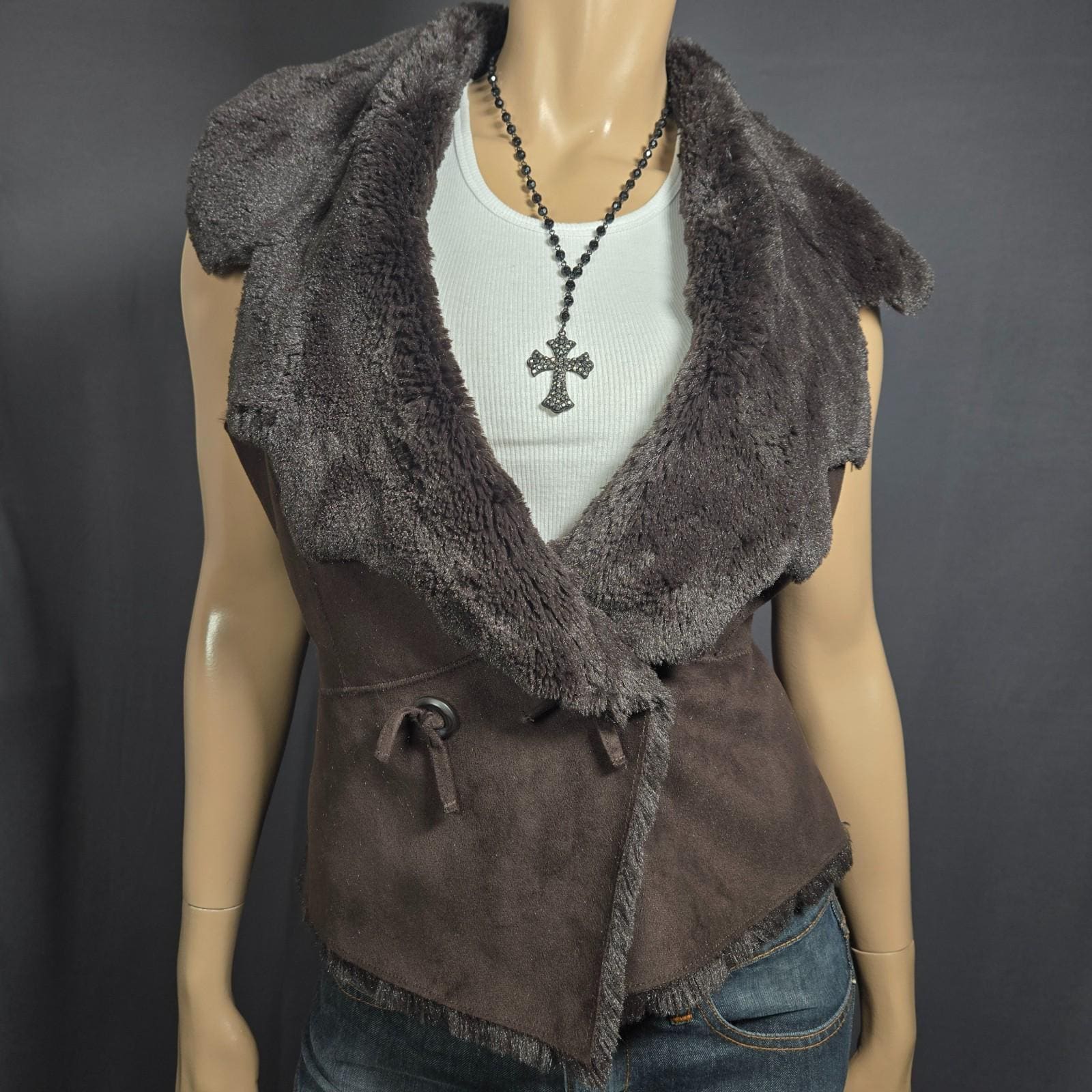 grunge fur down vest y2k お兄系 XL Y2K Brown Faux Suede Faux Fur Collar Vest Size M EUR 40 Boho Fairy
