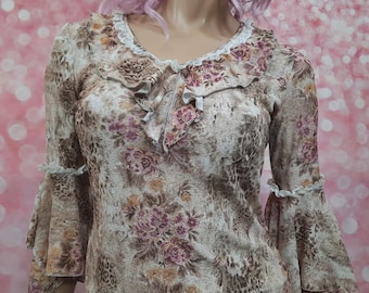 Y2K Fairy Floral Leopard Flared Sleeves Top Size M Lace Trim Ruffled Boho