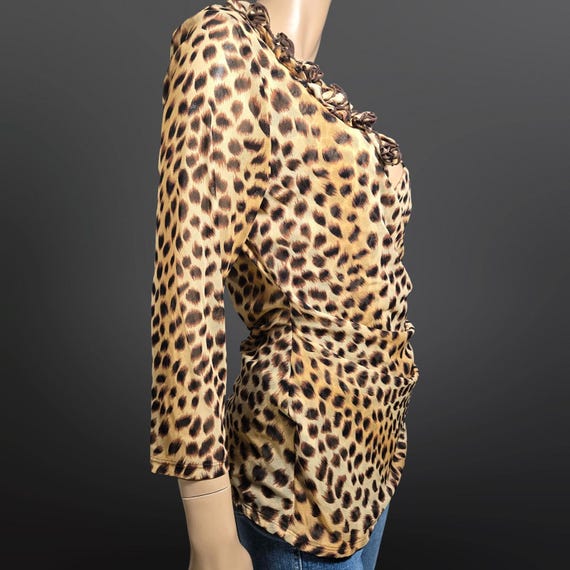 Y2K Mesh Leopard Print Top Size L Ruched V Neck W… - image 9