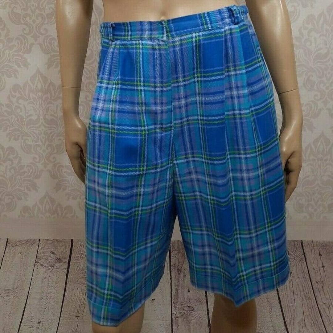 Vintage 80s Blue Plaid Bermuda High Waisted Shorts Womens Size S
