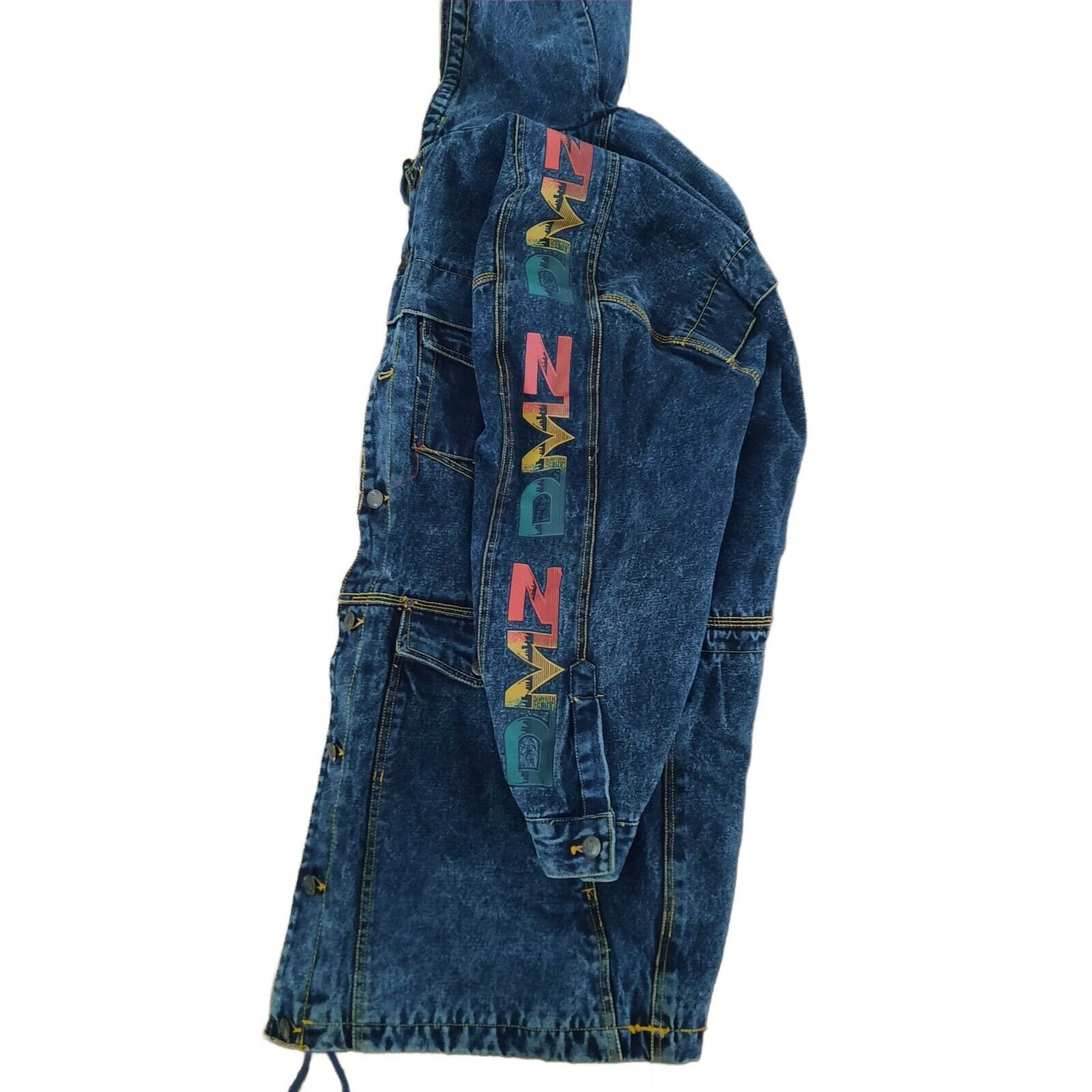Vintage 90s Jacket Denim Aztec Tribal Print Hooded Coat Mens