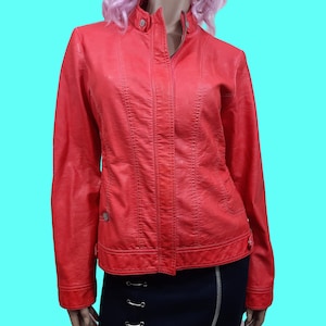 Y2K 2000s Faux Leather Jacket Watermelon Red Fitted Zip Front Womens Size M