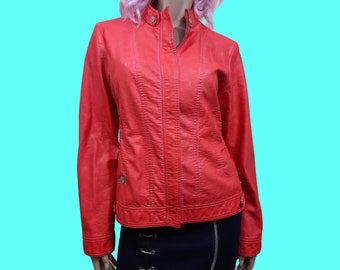 Y2K 2000s Faux Leather Jacket Watermelon Red Fitted Zip Front Womens Size M