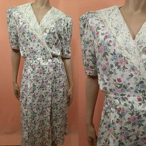 Vintage 80s Romantic Pastel Floral Midi Dress Wit… - image 1