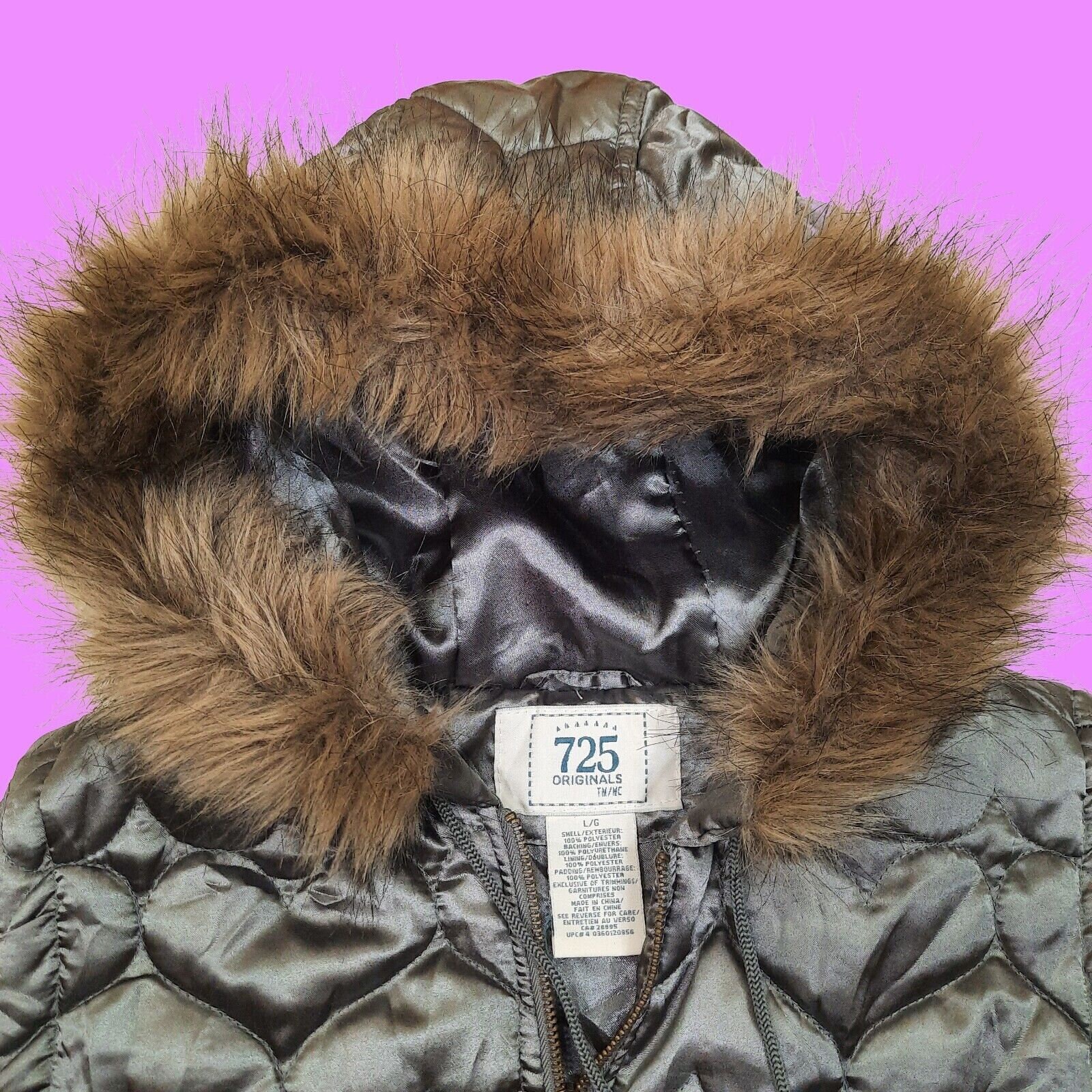 Vintage Y2K Puffer Vest Faux Fur Hood Silver Grey Satin Quilted 
