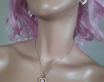 Vintage Drop Earrings Necklace Set Enamel Hearts Pink Ceramic Roses Gold Tone Coquette