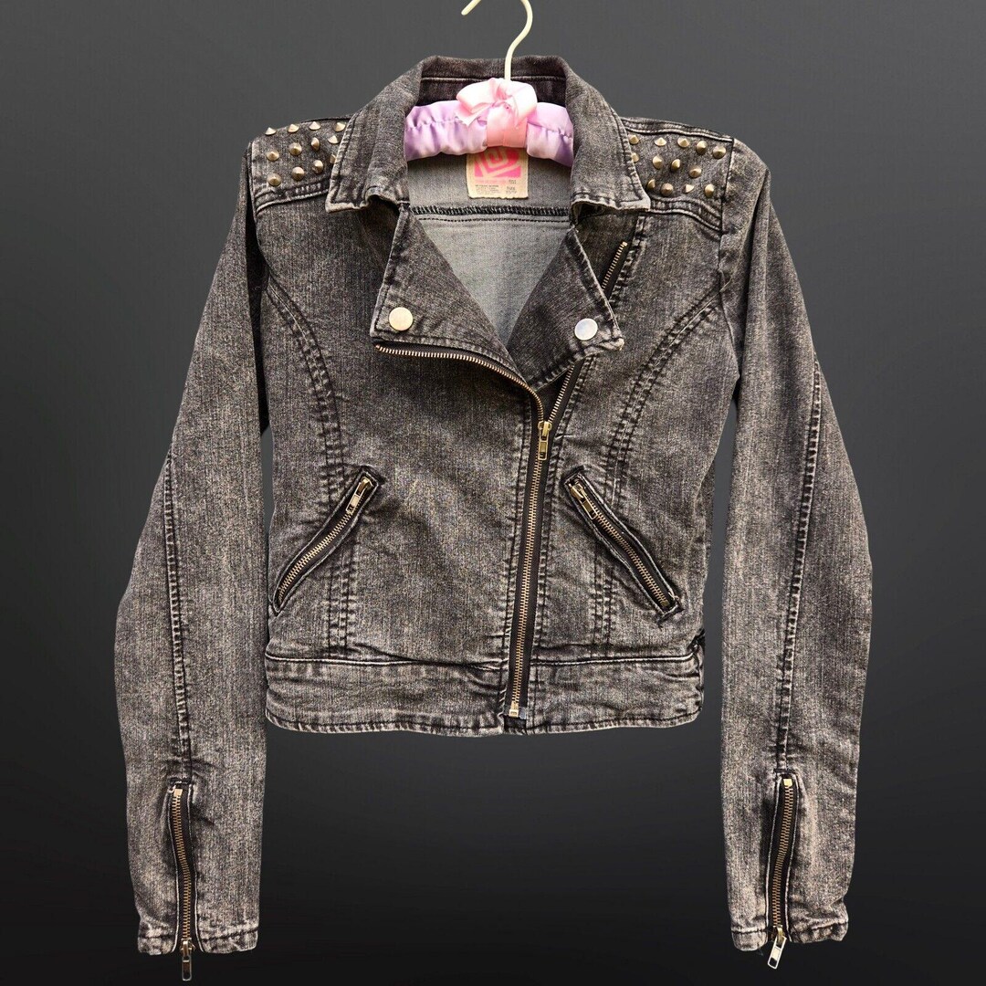 Y2K Cropped Denim Zip Up Jacket Moto Style (XS)