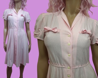 Vintage 70s 80s Pastel Pink Short Sleeve Button Front Dress Size S Secretary Dress