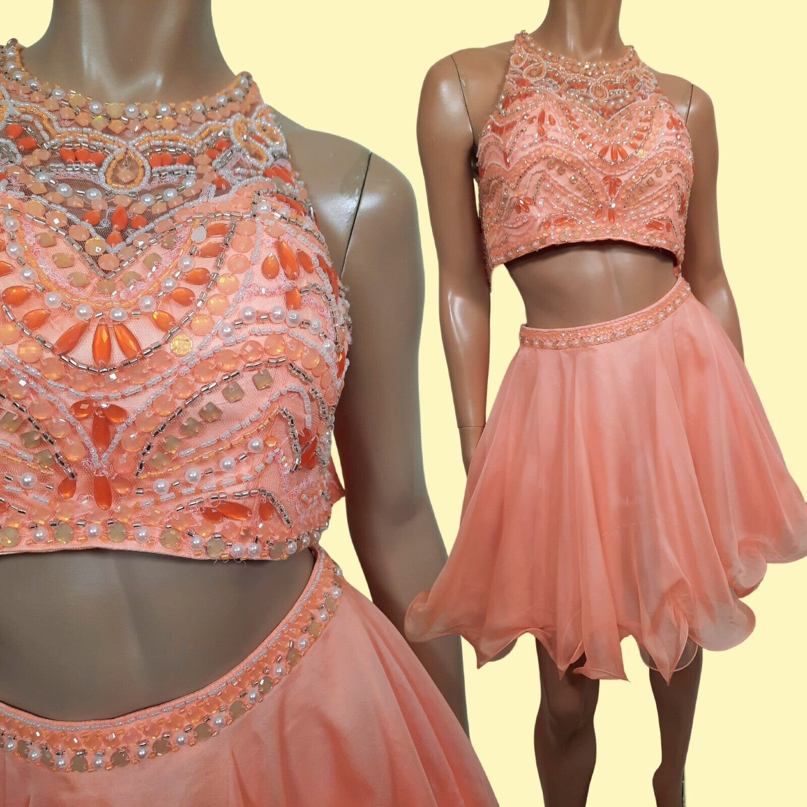 FancyPants1970CA Y2K Prom Party Dress 2 Piece Crop Top Mini Skirt Barbiecore US 2 Size Xs Coral Pink Beaded Sleeveless