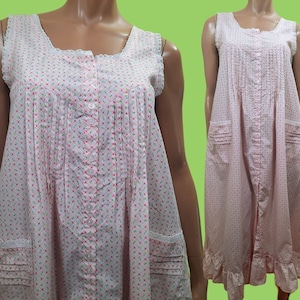 Robe chemise de nuit en coton rose fleurie vintage Taille S Longue sans manches Poches à volants Cottagecore Prairie