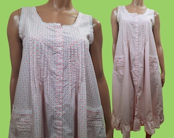 Vintage Pink Floral Cotton Nightgown Dress Size S Long Sleeveless Ruffled Pockets Cottagecore Prairie