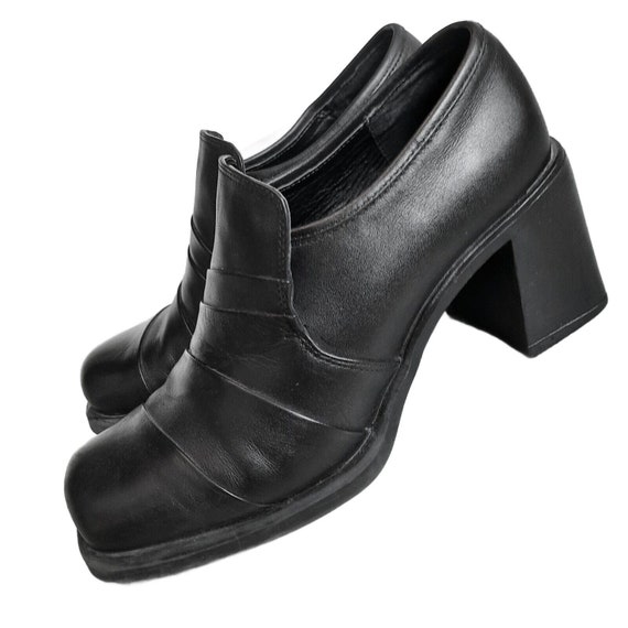 Vintage 90s Black Chunky Heels Square Toe Leather Loafers US