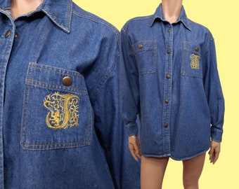 Chemise en jean vintage des années 90 brodée J initiale à manches longues bouton pression jusqu'à la taille L