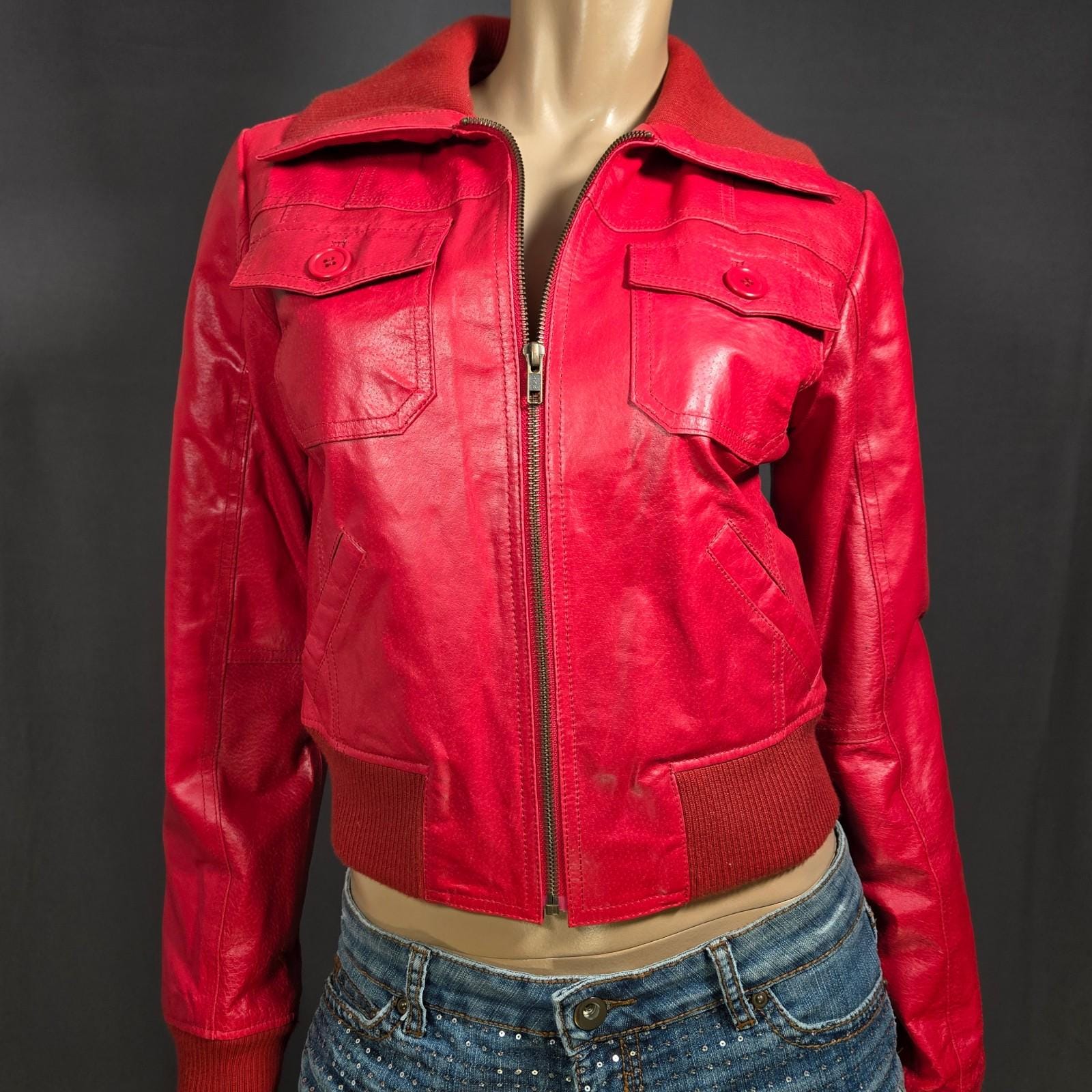 Y2K Red Leather Bomber Moto Jacket Size S Short Cropped Zip up