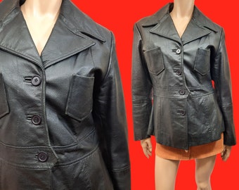Vintage Goatskin Leather Jacket Black Wide Collar Womens Size S