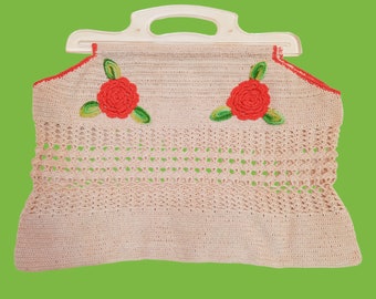 Vintage70s Crochet Tote Bag Clear plastic Handle Beige Orange Flowers