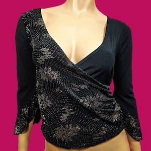 Y2K Black Glitter Top Surplice Faux Wrap V Neck Bell Sleeve Size S Stretch