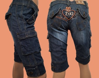 Y2K Short cargo en denim taille basse longue longueur genou poches à rabat brodées taille S