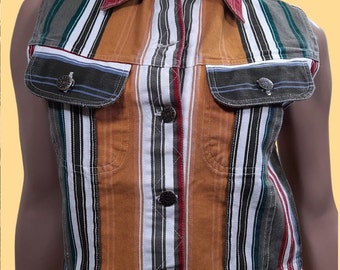 Vintage 90s Striped Vest Top Sleeveless Short Cropped Multicolor Cotton New Deadstock