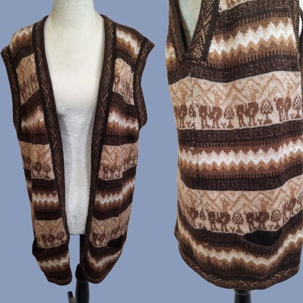 Alpaca Fina Long Cardigan sans manches Pull péruvien Gilet Marron Beige Taille M