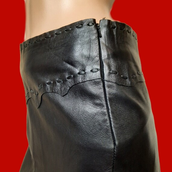 Y2K Black Leather Patchwork Midi Skirt Front Slit… - image 6