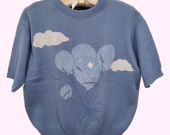 pull vintage des années 80 Cloud Balloons L bleu blanc Kawaii Fairy Cute Crew Pullover