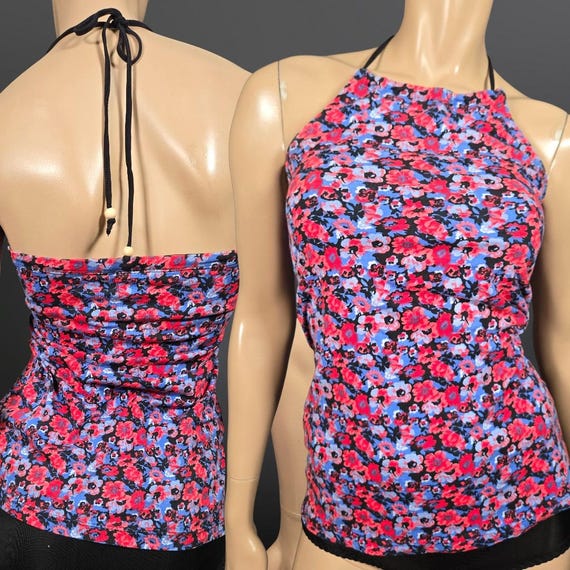 Y2K Dark Floral Halter Top Size XS Blue Red Black Cotton 2000s