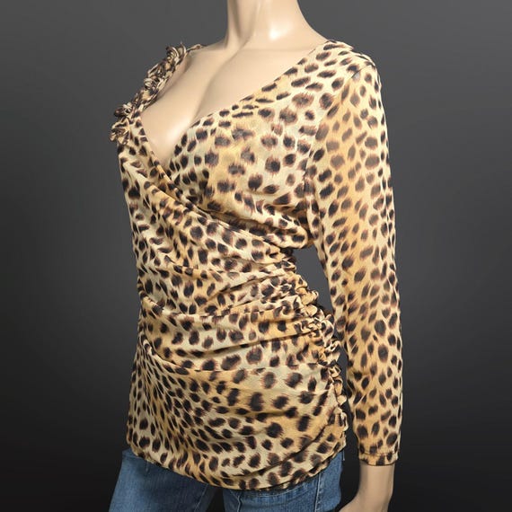 Y2K Mesh Leopard Print Top Size L Ruched V Neck W… - image 5