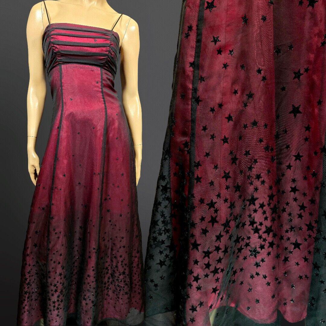 Vintage 90s Whimsigoth Goth Party Prom Dress Size 4 Mesh Overlay Red Black  Flocked Velvet Glitter Stars